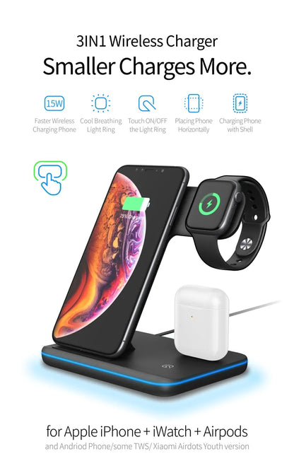 15W Qi Wireless Charger for iPhone, Samsung, Apple Watch, Airpods